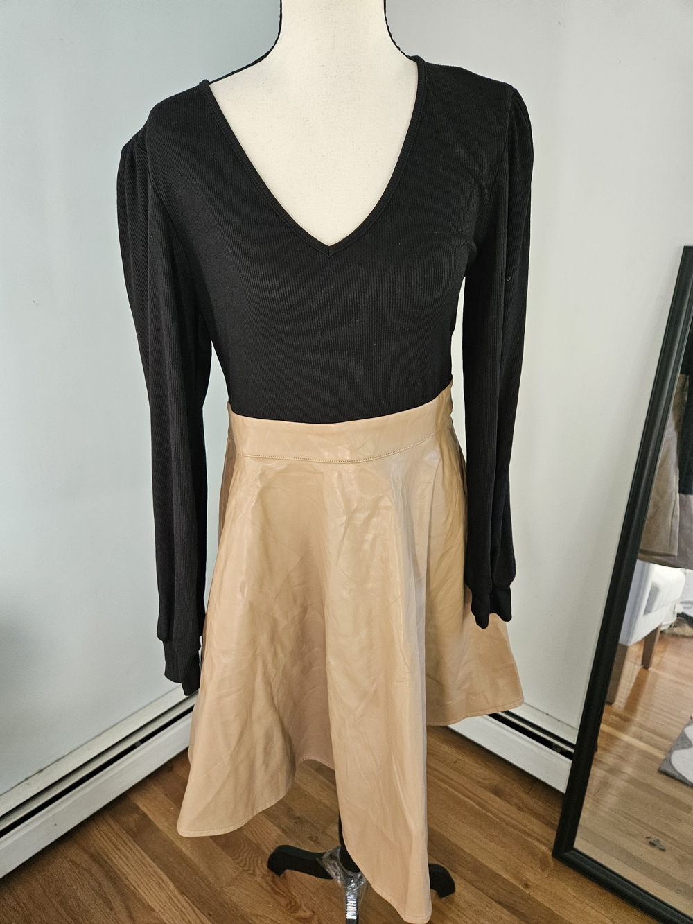 Black V-Neck Top with Tan A-Line Skirt In Pleather.192